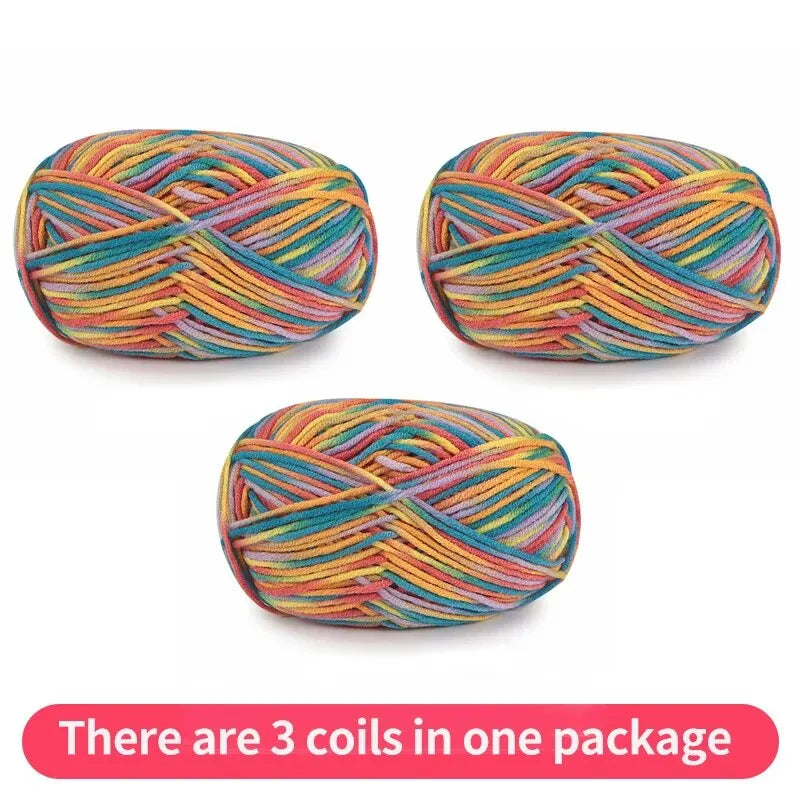 Three variegated yarn skeins in teal, orange, yellow and pink, shown as one package.