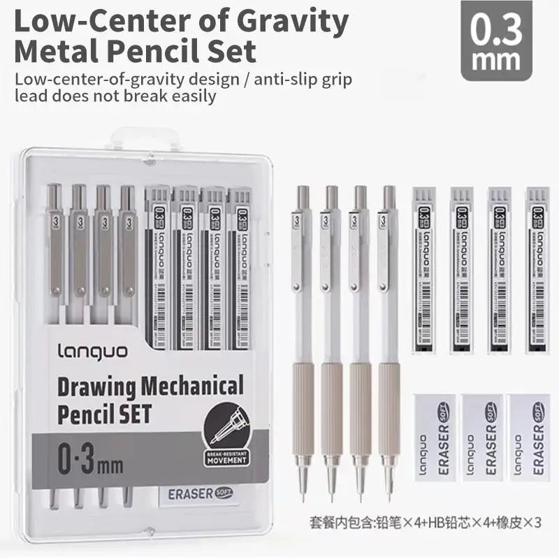 Mechanical Pencil Set, 4 Metal HB Pencils, 80 Lead Refills & Case