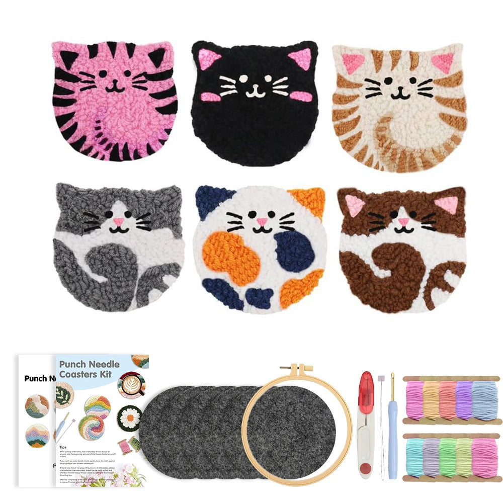 Punch Needle Coaster Kit, Cat Designs for Handmade Cup Mats & Table Decor