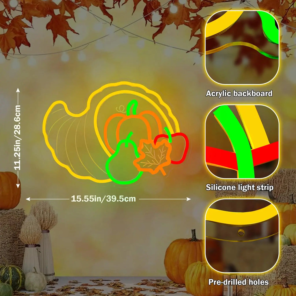 Thanksgiving Cornucopia LED Neon Sign for Wall Decor Fall Decor USB Dimmable for Bedroom Wall Hanging Light Home Decor Harvest