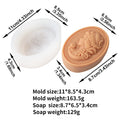 Floral woman-profile cameo soap mold and tan casting example diagram with separate dimensions and weights