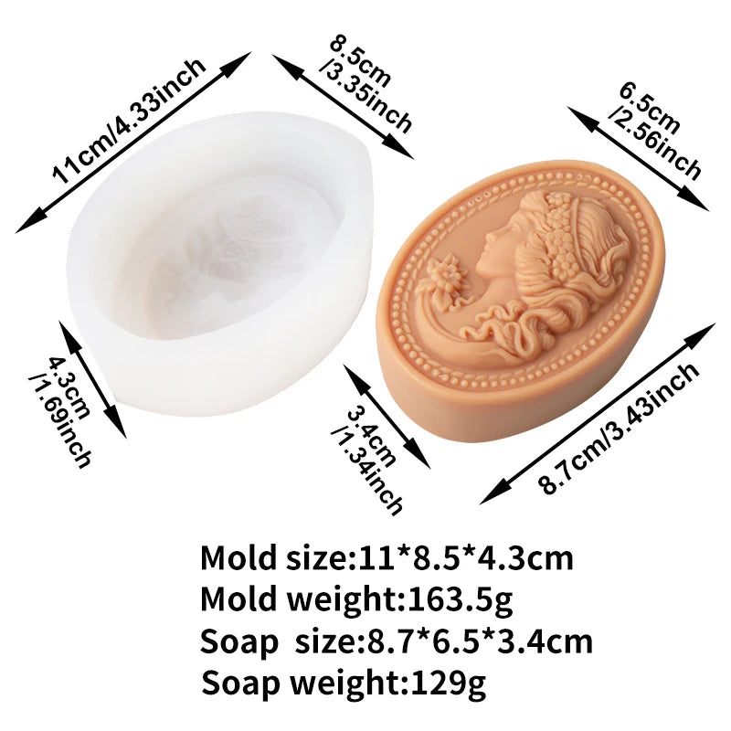 Floral woman-profile cameo soap mold and tan casting example diagram with separate dimensions and weights