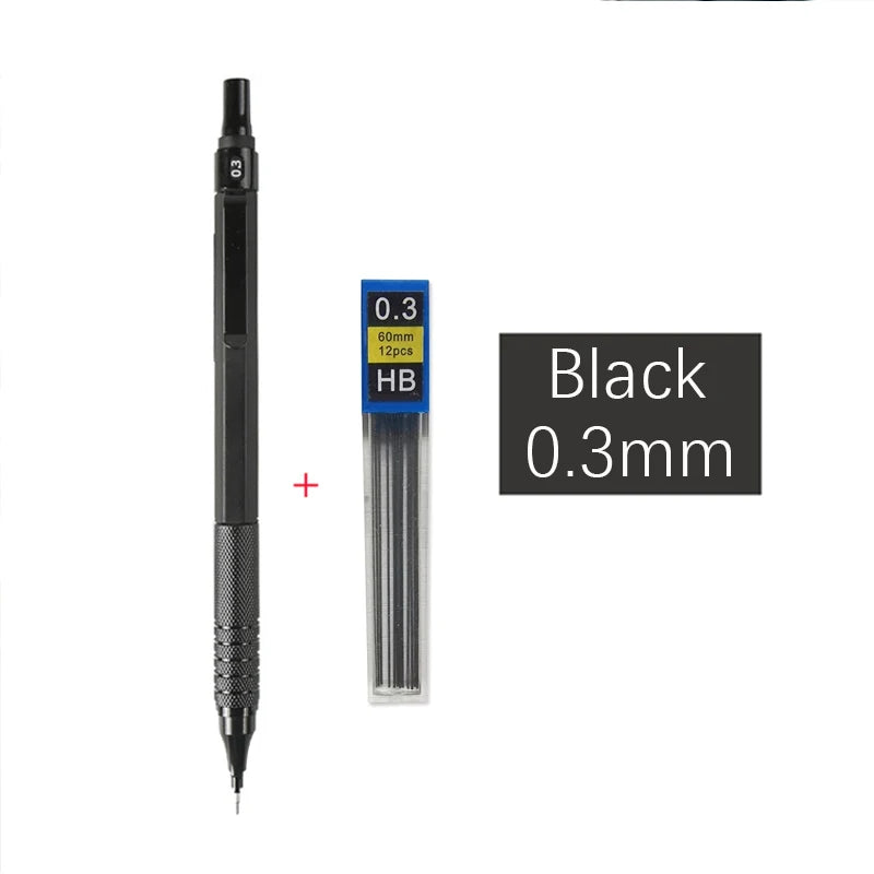 Metal Mechanical Pencil & Lead Refills — 0.3 to 2.0mm, Black or Silver
