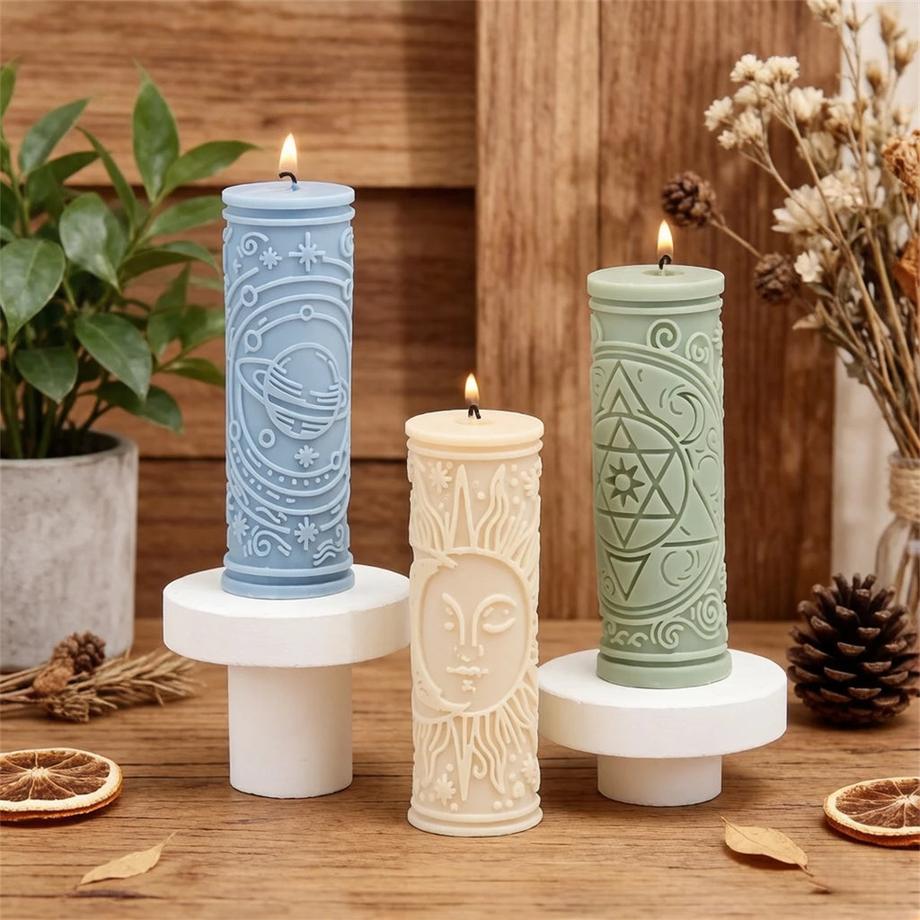 3D Relief Sun Moon Star Pillar Candle Mold Silicone Astrology Witchcraft Candle Making Mould for DIY Soy Wax Candles Home Decor