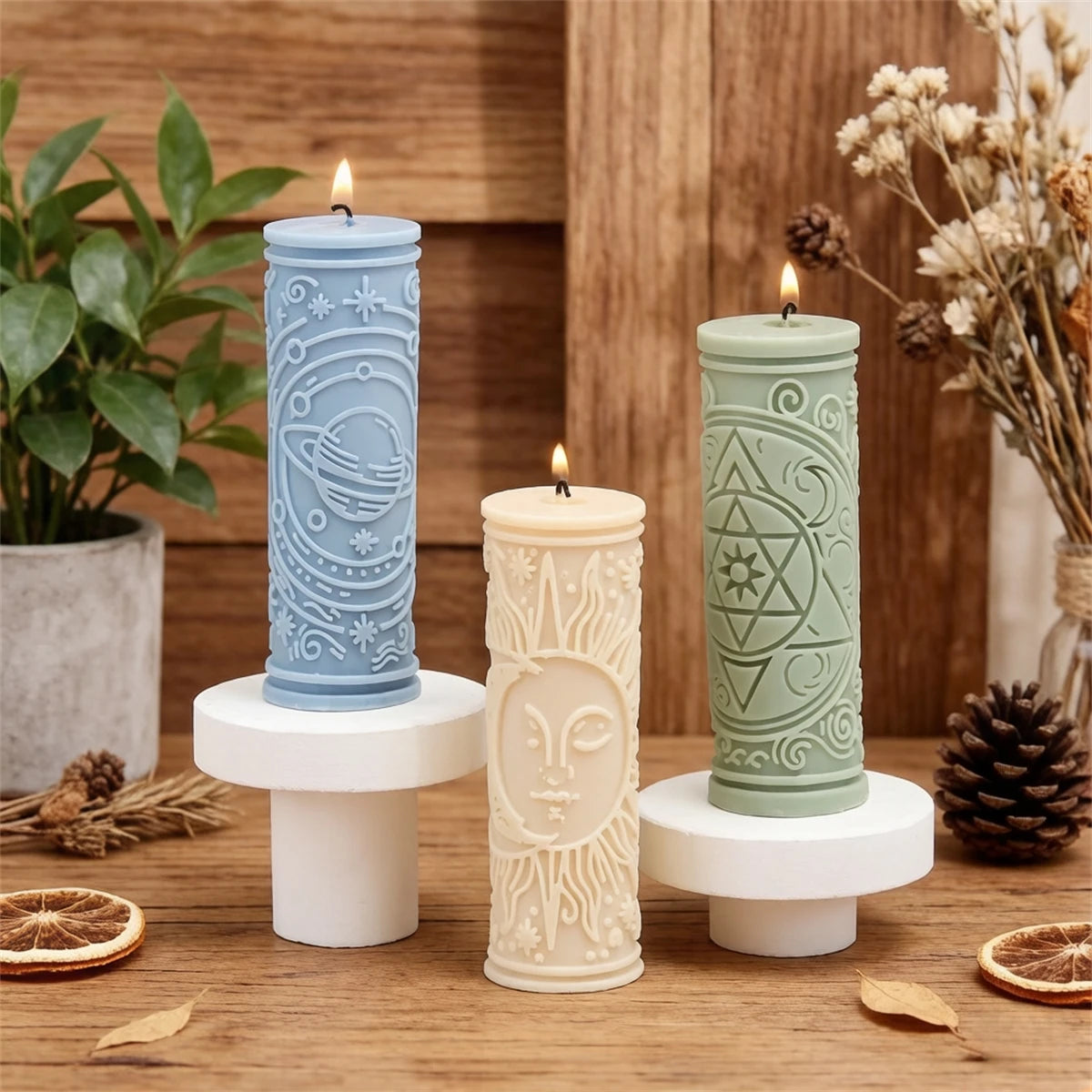 3D Relief Sun Moon Star Pillar Candle Mold Silicone Astrology Witchcraft Candle Making Mould for DIY Soy Wax Candles Home Decor
