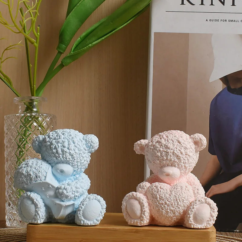 Blue teddy bear holding a rose bouquet and pink teddy bear holding a heart casting examples