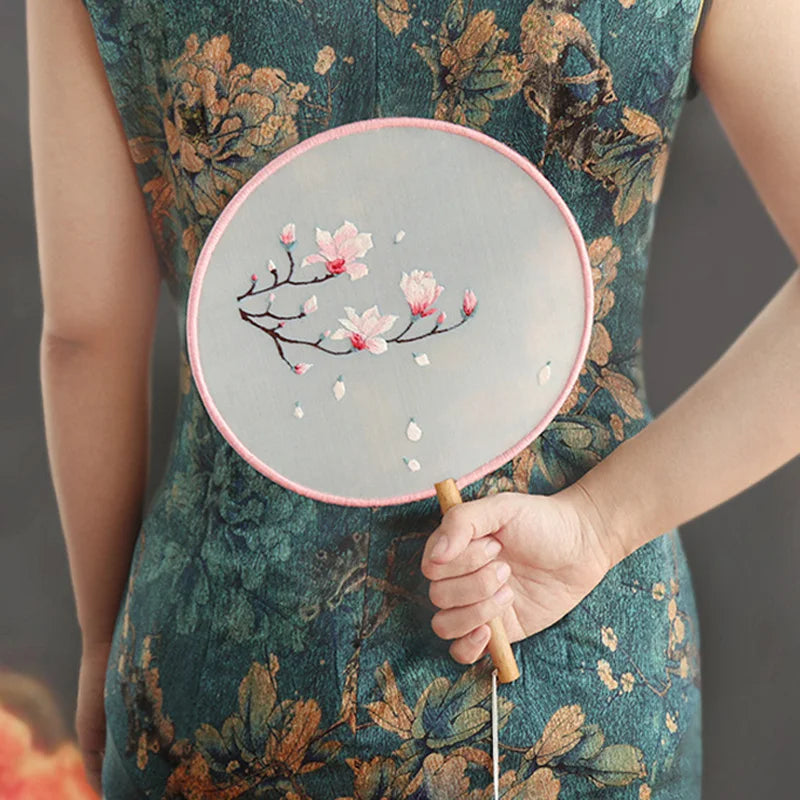 Embroidery Kit, Chinese-Style Hand Fan with Flower & Plant Patterns