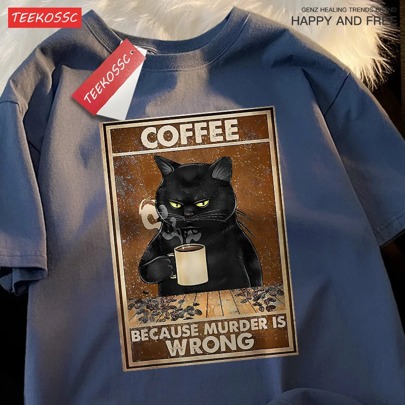 T-Shirt Unisex Coffee Because Murder Is Wrong Black Cat Humor Graphic Tee