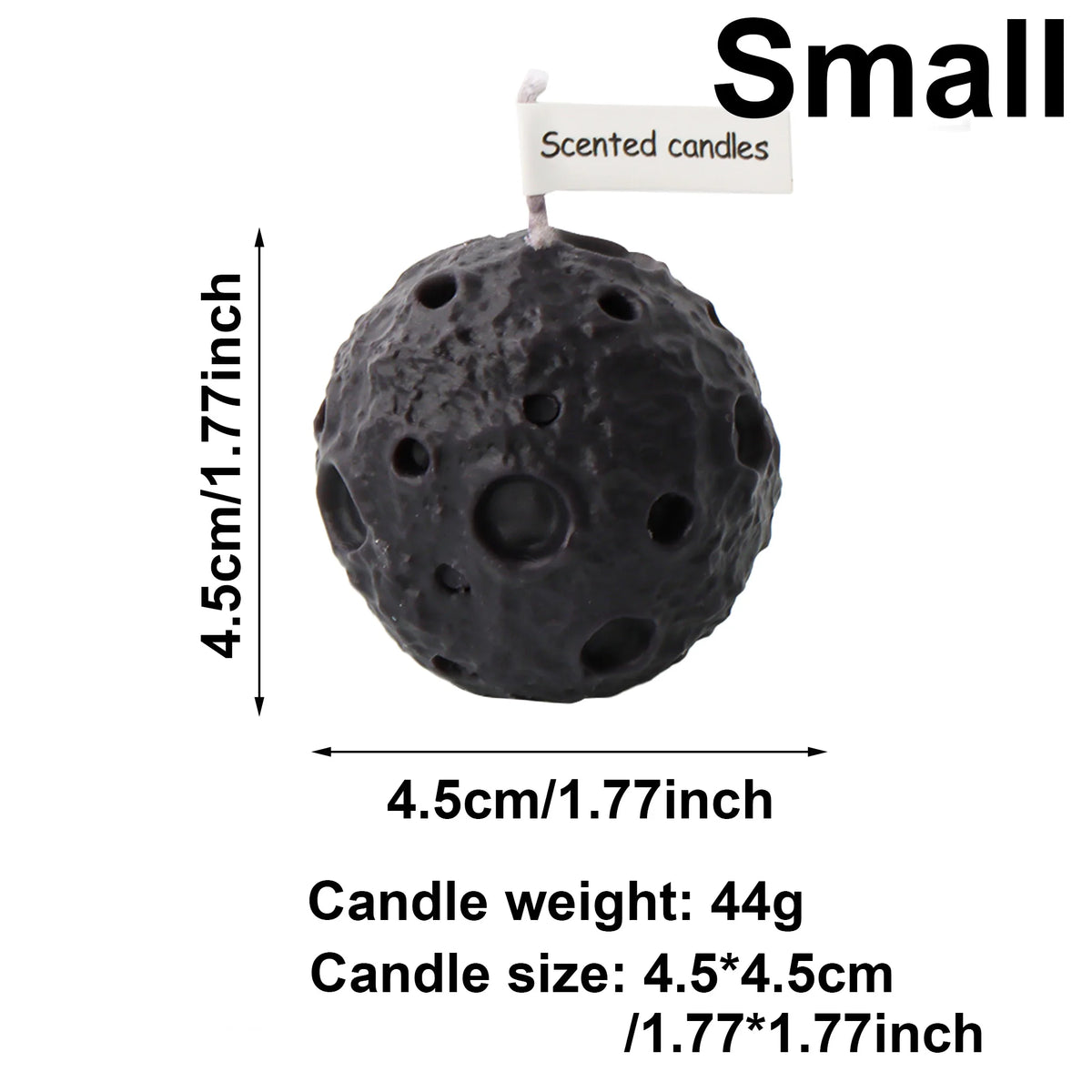 Small black moon candle diagram showing 1.77 in height and width and 1.55 oz candle weight