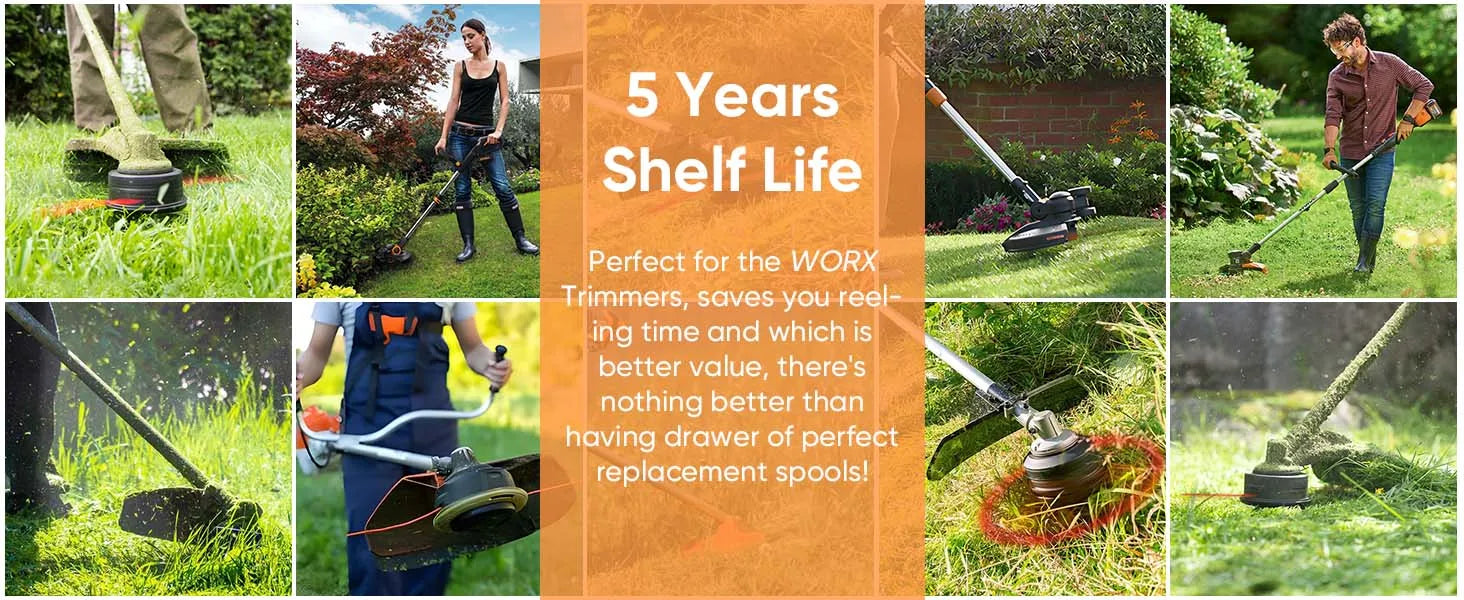 Collage of people using lawn trimmers with promotional text about product shelf life and compatibility with WORX trimmers.