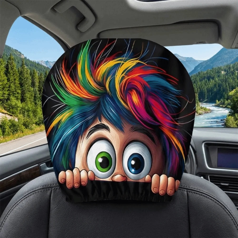 2PCS Elastic Car Headrest Covers Stain-Proof Cartoon Seat Headrest Protectors Funny Washable Auto Interior Decoration Cover
