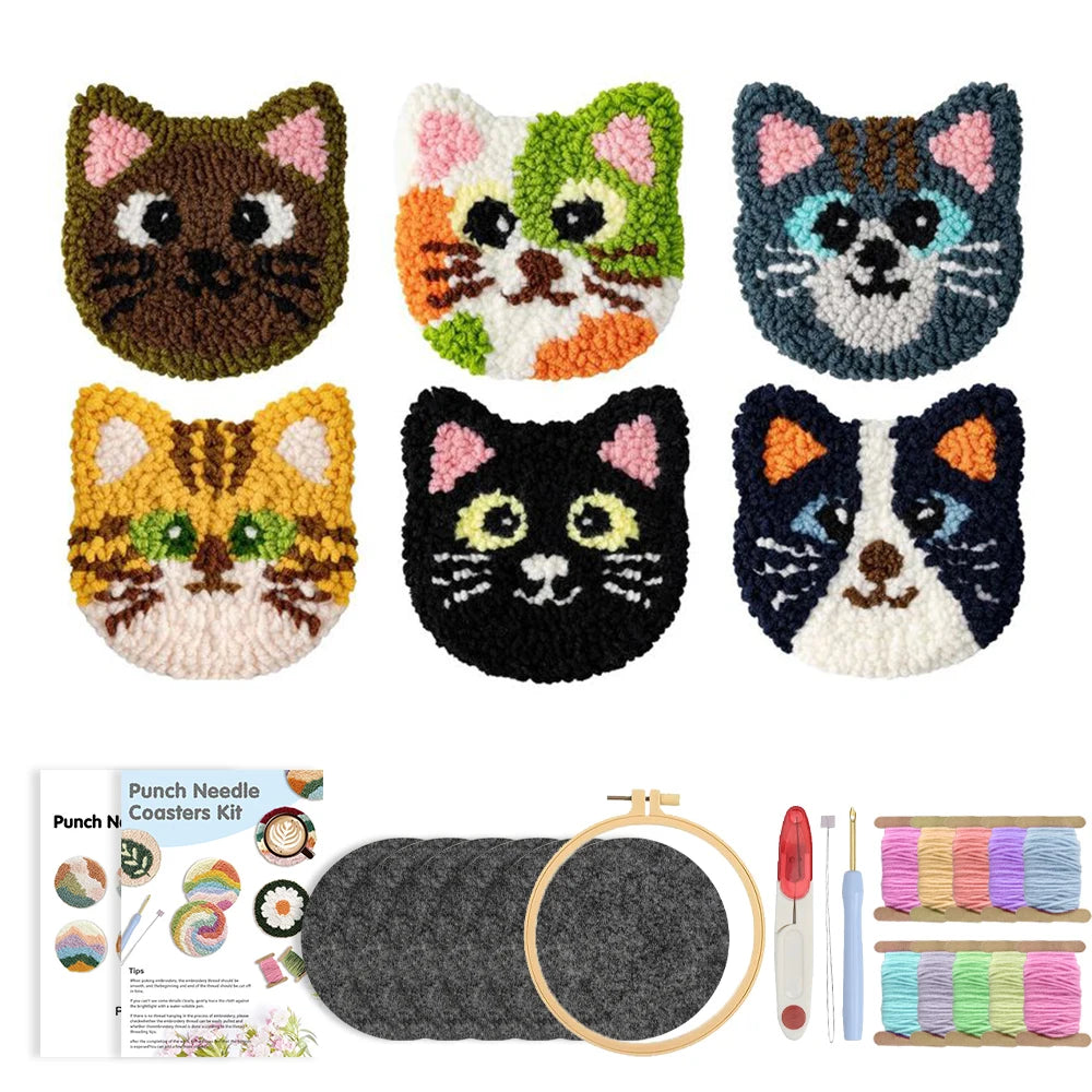 Punch Needle Coaster Kit, Cat Designs for Handmade Cup Mats & Table Decor