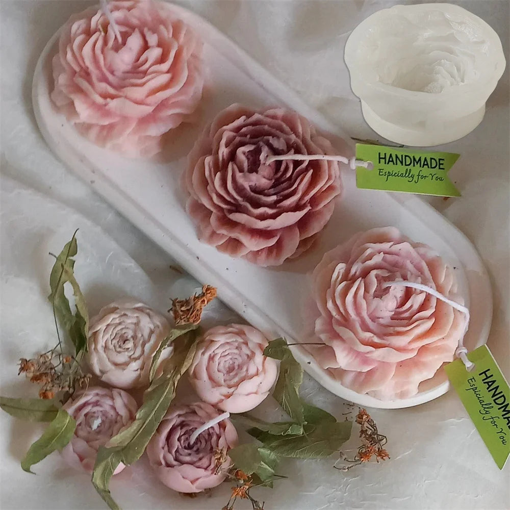 Peony Flower Candle Mold DIY Bud Flower Petal Resin Casting and Soap Making Molds 3D Heart Rose Floral Mold for Home Decor Gift