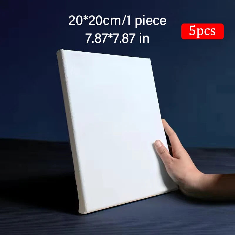 White square canvas held by a hand with text indicating size and quantity on a dark background