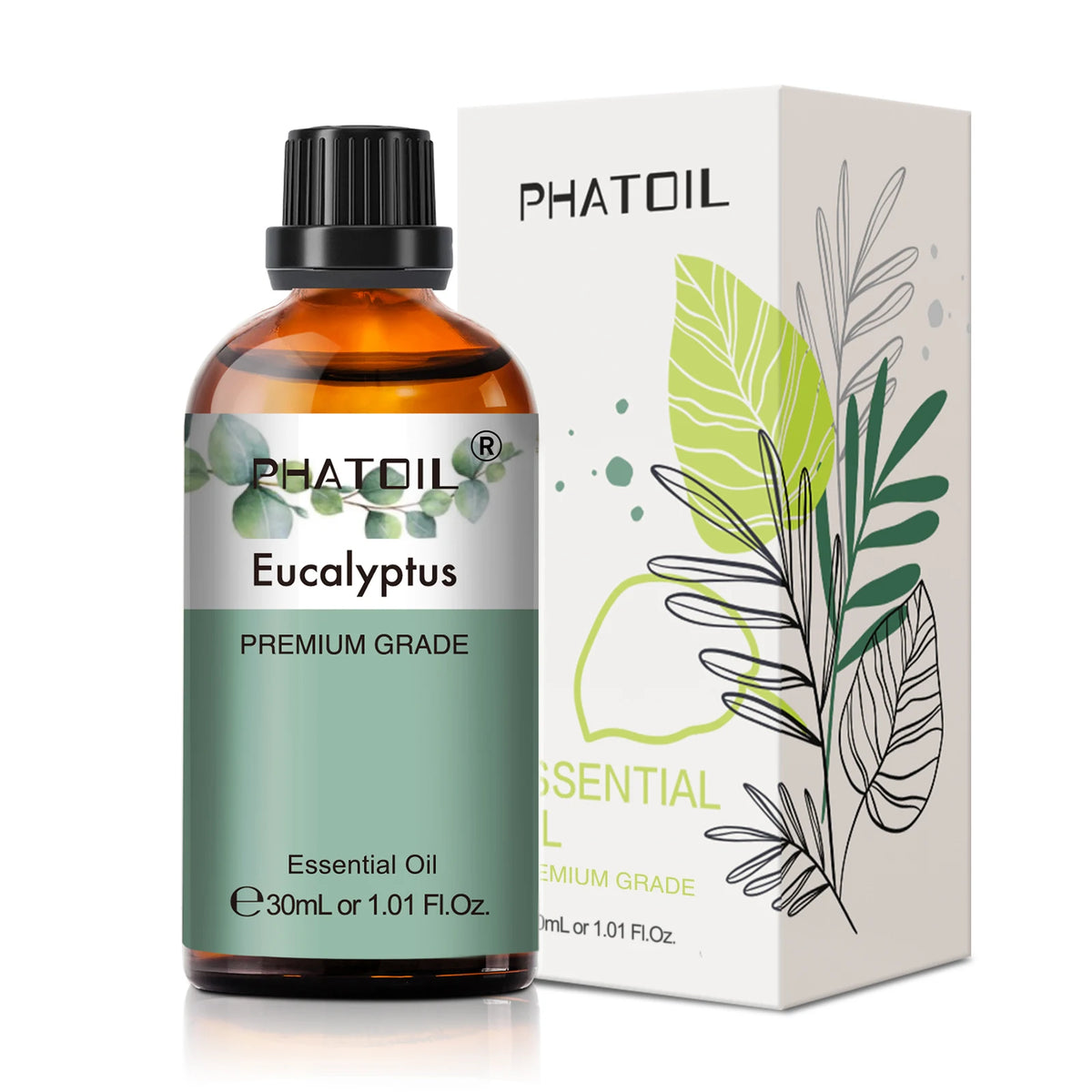 Eucalyptus essential oil bottle with packaging on a white background