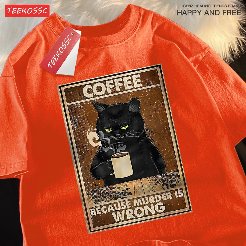 T-Shirt Unisex Coffee Because Murder Is Wrong Black Cat Humor Graphic Tee