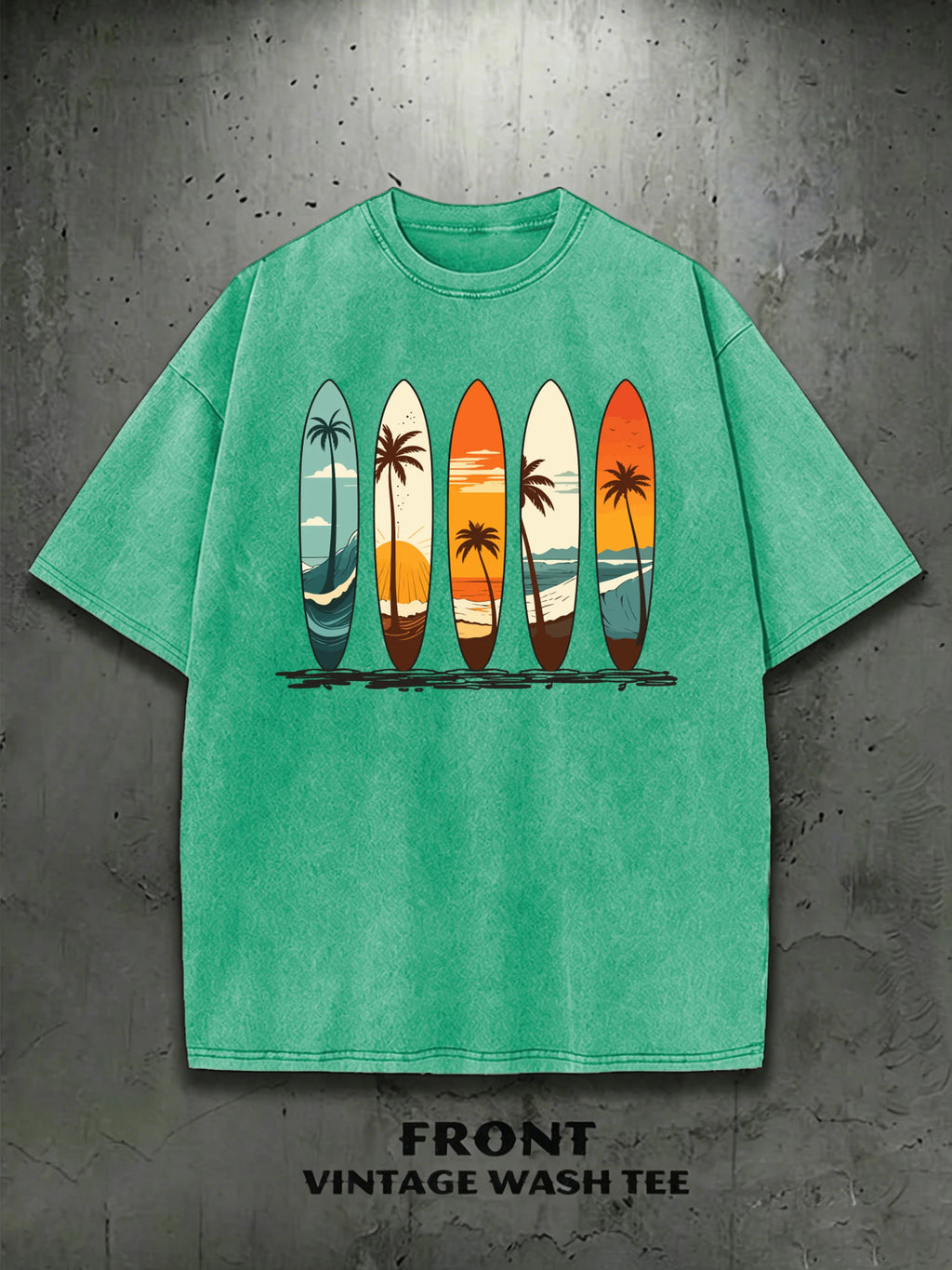 T-Shirt Surfboard Retro Surf Coconut Tree Vintage Wash Graphic Tee