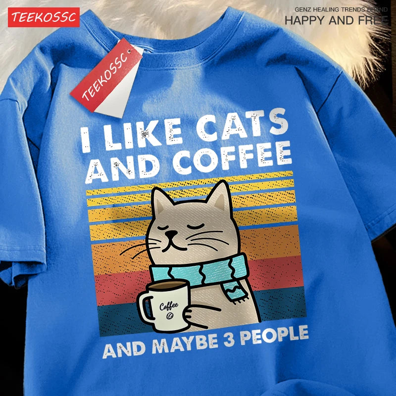 T-Shirt Unisex I Like Cats and Coffee and Maybe 3 People Funny Graphic Tee