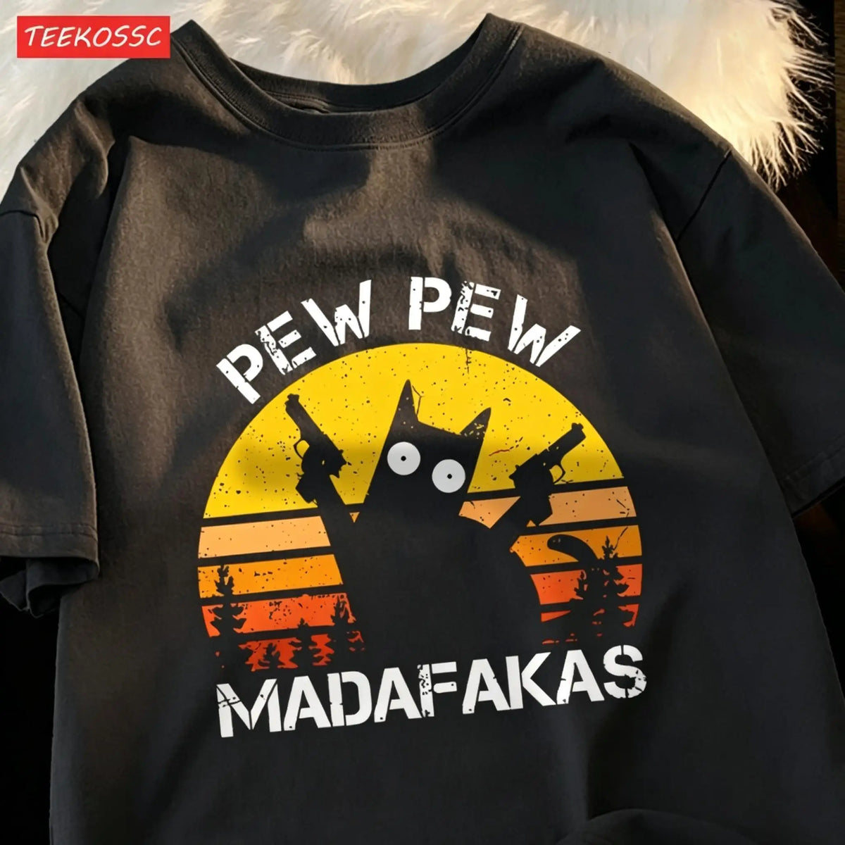 T-Shirt Unisex Pew Pew Madafakas Black Cat Retro Sunset Funny Graphic Tee