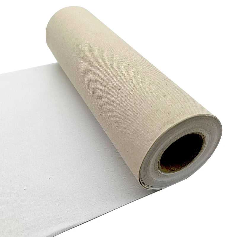 A roll of textured canvas or fabric, partially unrolled to show its light beige woven surface, photographed on a clean white background.