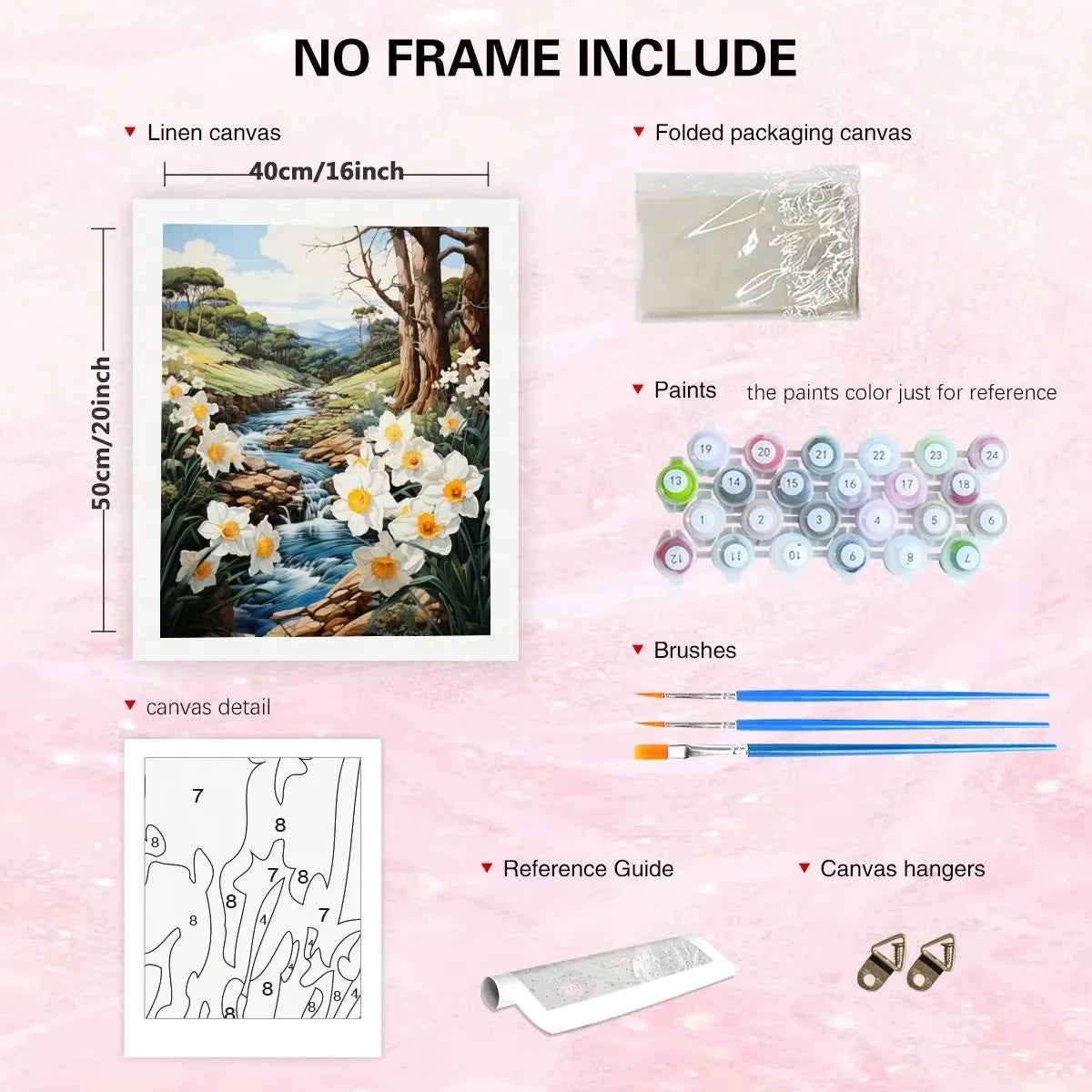 DIY painting kit components including linen canvas, folded packaging, paints, brushes, reference guide, and canvas hangers on a pink background.