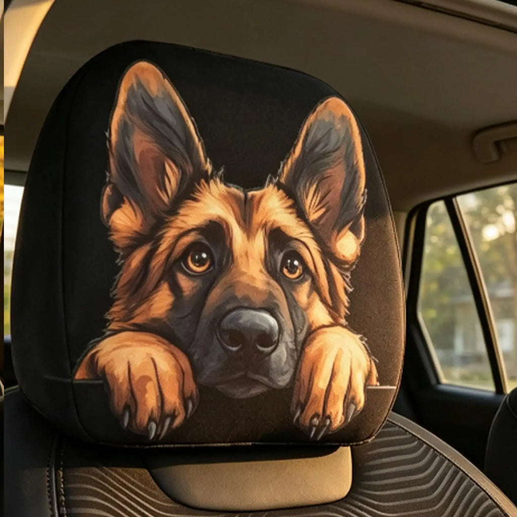 A car headrest cover featuring a detailed printed illustration of a German Shepherd dog's face and paws, shown installed on a car seat.