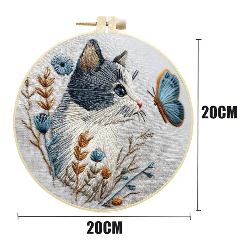 Embroidery Kit, Cat, Flowers & Butterfly Designs for Beginner Hoop Art