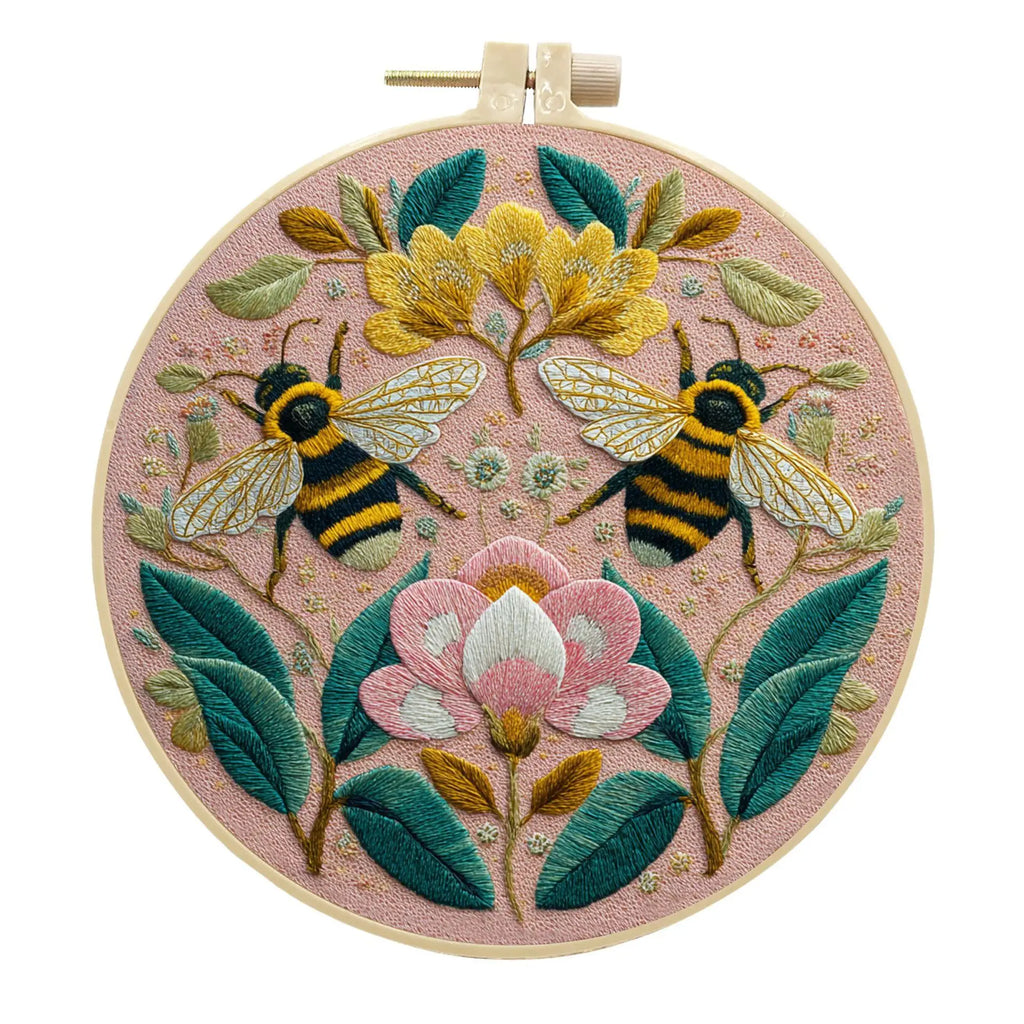 Embroidery Kit, Pink Bee, Flowers, Moon & Stars for Handmade Wall Decor