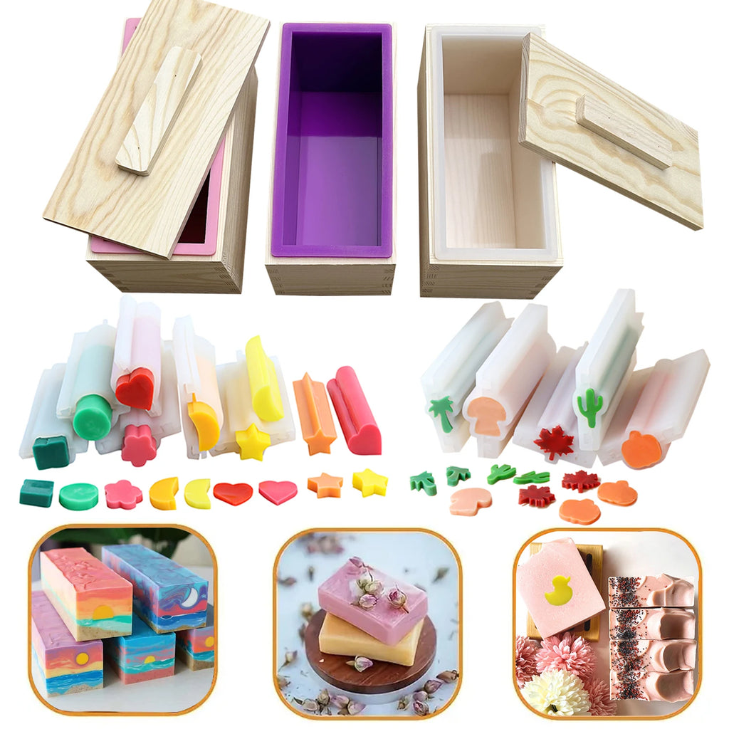 Rectangle Wooden Box Soap Mold Kits 600ml Silicone Soap Mold Flexible Rectangular Loaf Mold DIY Heart Moon Tube Soap Making Tool