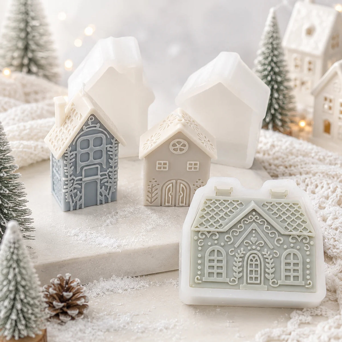 Three winter house casting examples displayed with their white silicone molds in a snowy miniature village