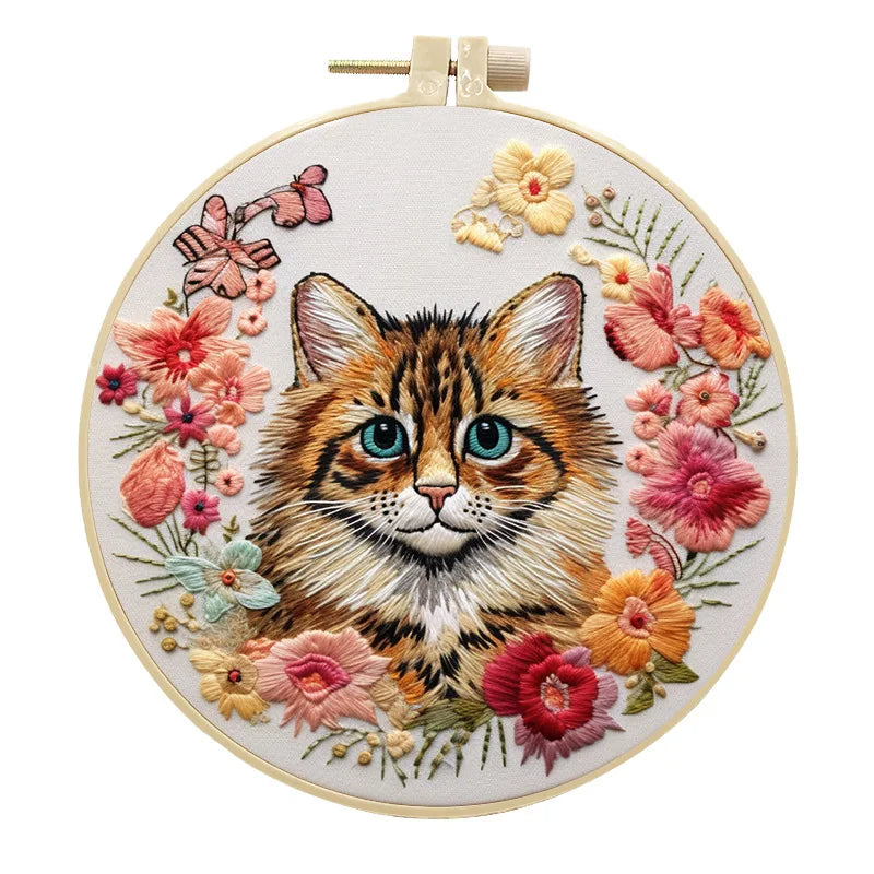 Embroidery Kit, Cats & Flowers for Handmade Needlework & Home Decor Gifts