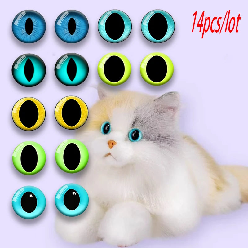14Pcs Mixed Color Glass Cat Eyes Realistic Animal Eyes DIY Doll Plush Toy Craft Making Accessories