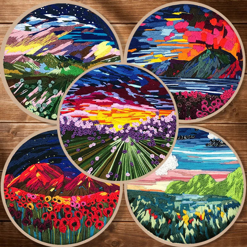 Embroidery Kit, Mountain Scenery with Hoop for Beginner Handmade Wall Art