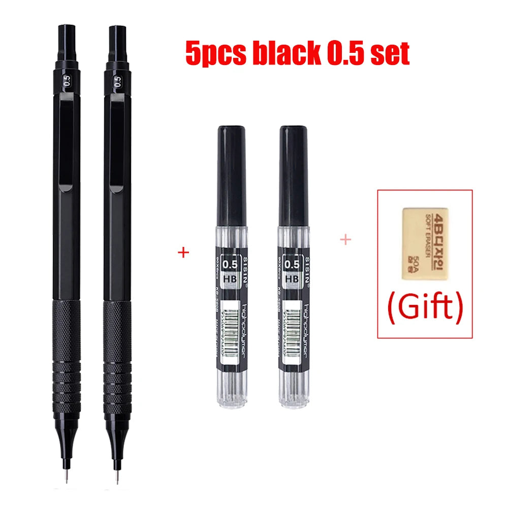 Mechanical Pencil Set, 5 Piece Metal — 0.5 to 2.0mm, Black or Silver