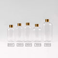Clear PET bottles with gold-tone screw caps in a five-size group
