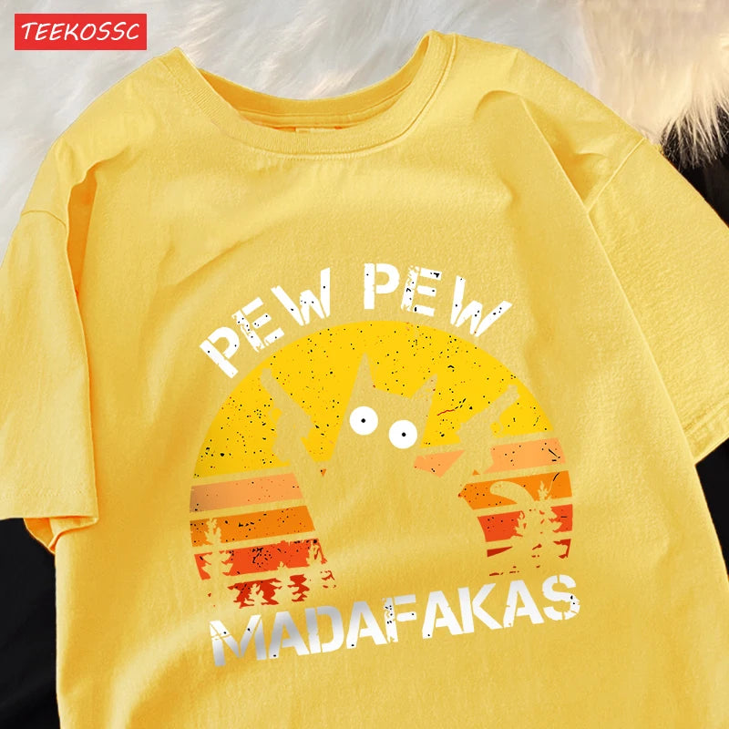T-Shirt Unisex Pew Pew Madafakas Black Cat Retro Sunset Funny Graphic Tee