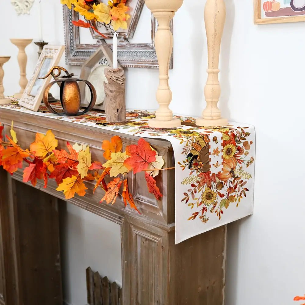 Thanksgiving Fall Turkey Pumpkin Floral Linen Table Runner for Autumn Kitchen Party Table Decor Decorations
