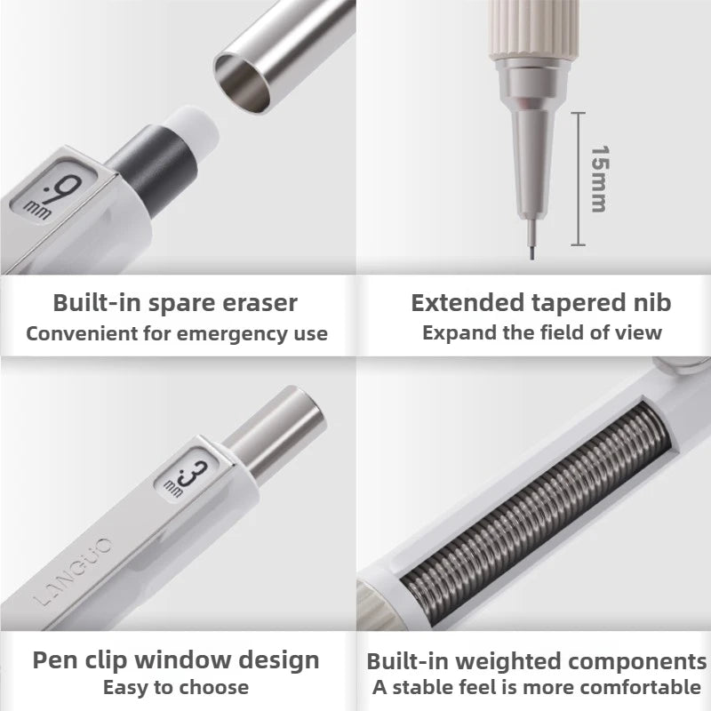 LANGUO Metal Mechanical Pencil Set with Leads & Eraser — 0.3 to 0.9mm