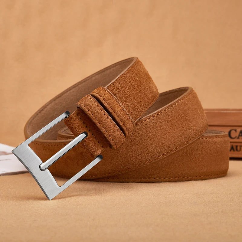 Men's Suede Leather Belt Silver Pin Buckle Vintage Style for Jeans & Chinos