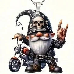 A biker-style gnome pendant or keychain charm with a skull-patterned hat, long white beard, black leather outfit, and a small motorcycle, shown on a plain white background.