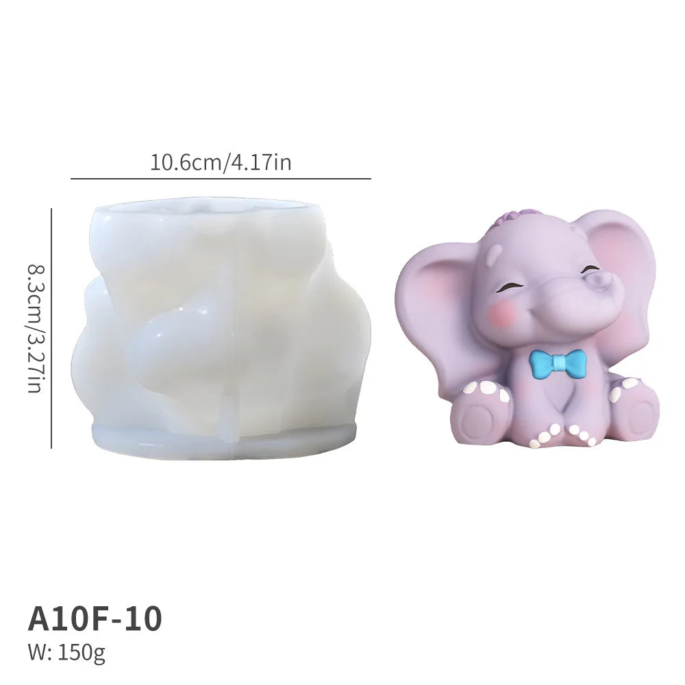 A small elephant figurine shown beside a matching sculpted candle mold or container, with dimension lines and text reading 10.6cm/4.
