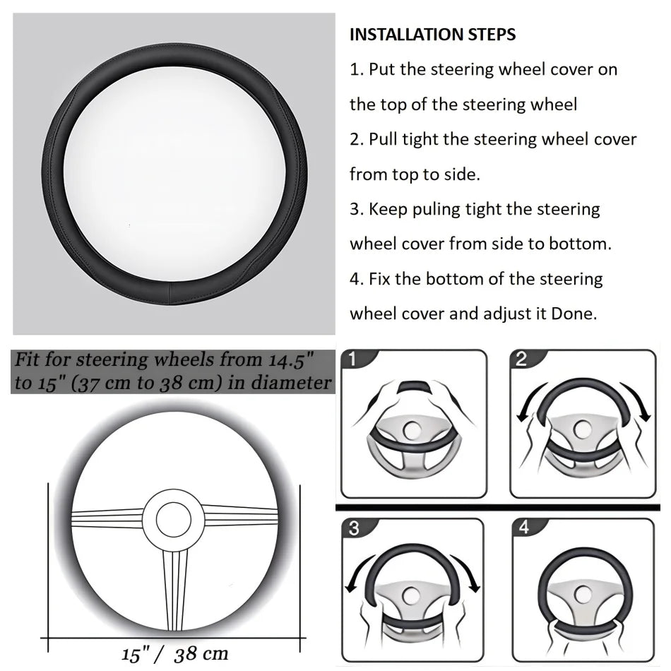 Embossed PU Leather Patchwork Car Steering Wheel Cover Anti-Slip Comfort