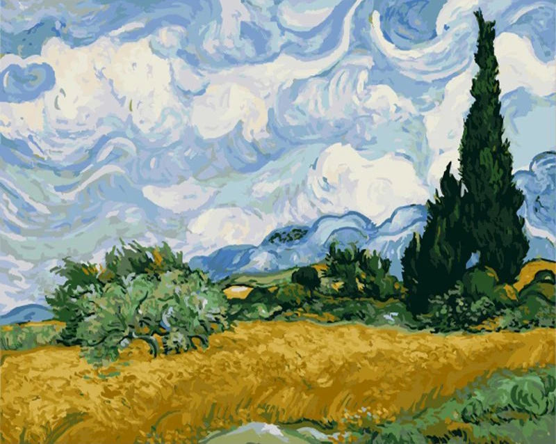 Painting of a wheat field with cypress trees and a starry sky by Vincent van Gogh.