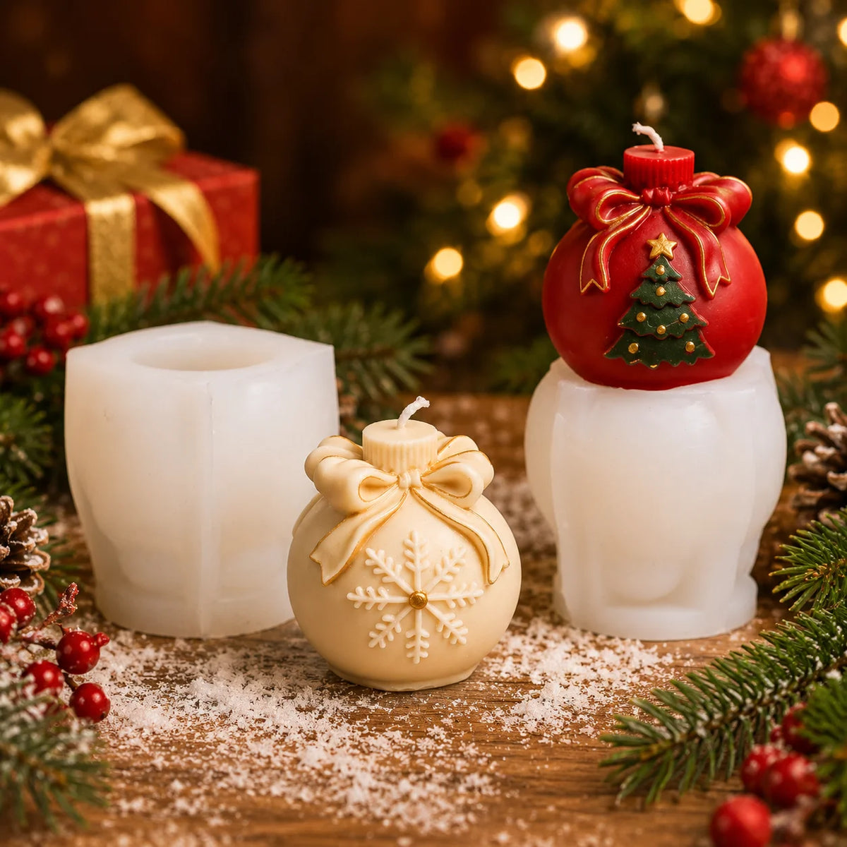 Two Christmas candle molds with their respective candles displayed on a wooden surface with festive decorations. The set includes a tall textured white pillar candle, a small cream-colored ornament-shaped candle with a bow and snowflake design, and a red ornament-shaped candle with a bow and a small green Christmas tree on top.