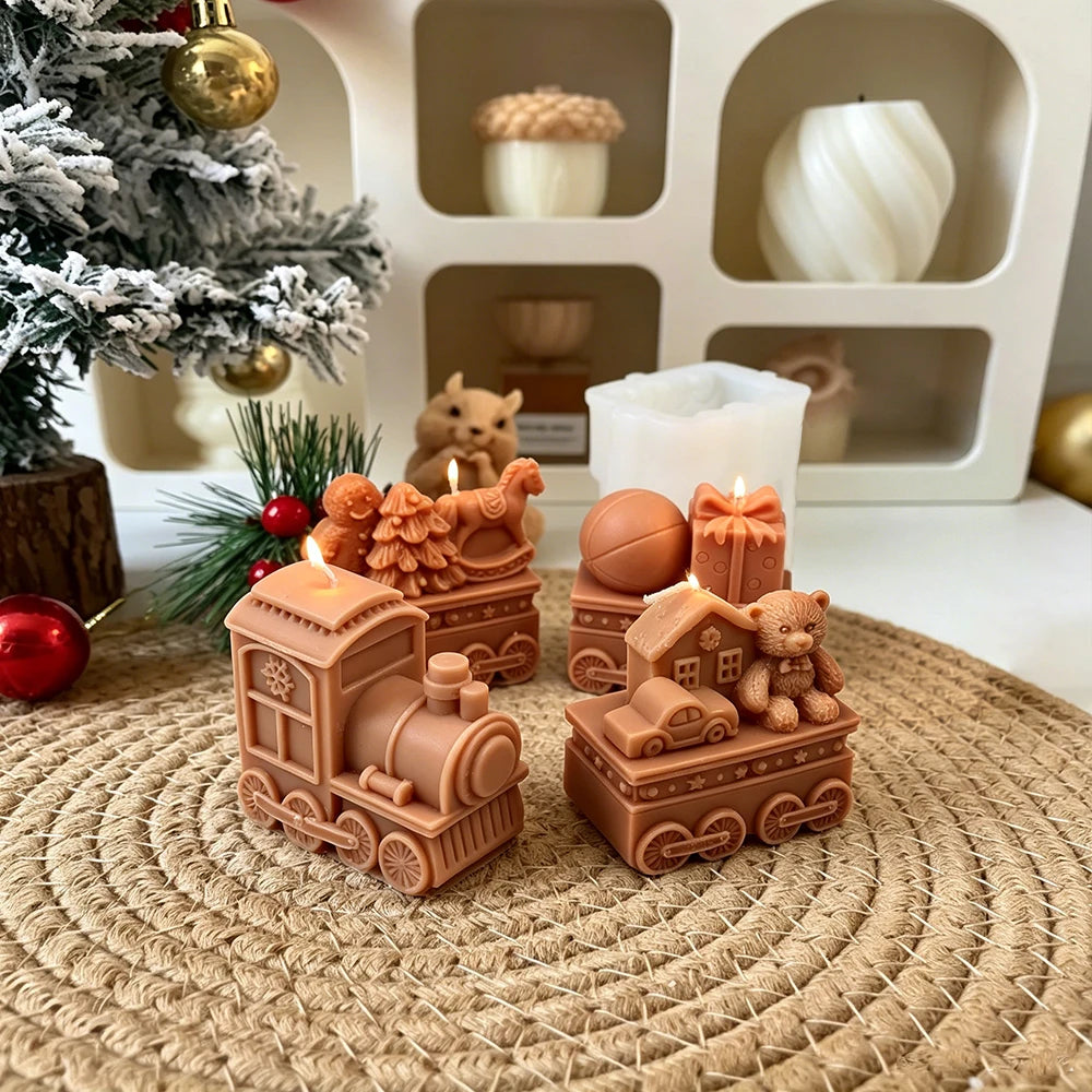 3D Christmas Train Silicone Candle Mold, 4 Carriages Bear Gingerbread Man Gift Box Design Soap Mold DIY Xmas Home Decor Gift