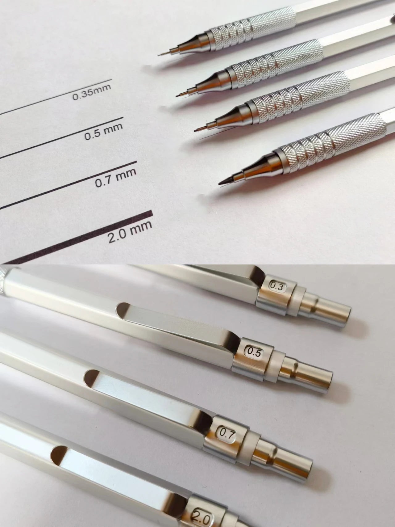 Metal Mechanical Pencil & Lead Refills — 0.3 to 2.0mm, Black or Silver