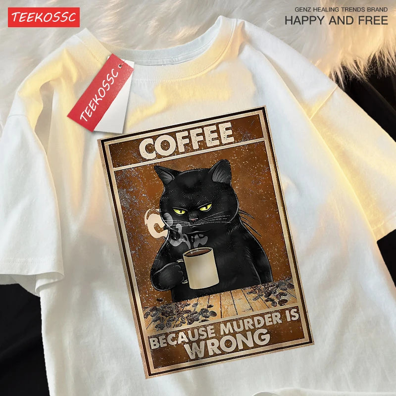 T-Shirt Unisex Coffee Because Murder Is Wrong Black Cat Humor Graphic Tee