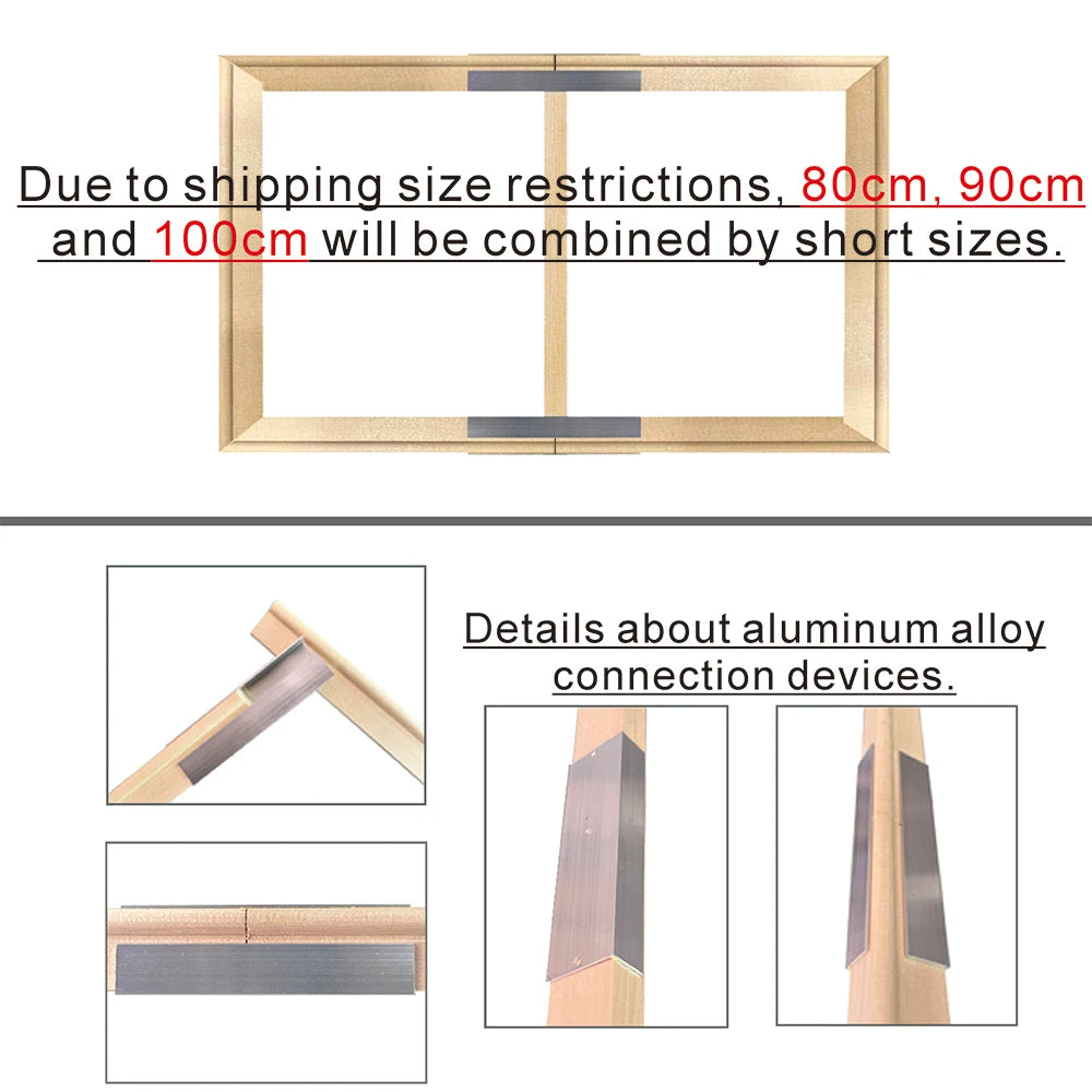 Wooden frame with metal connectors and text about shipping size restrictions.