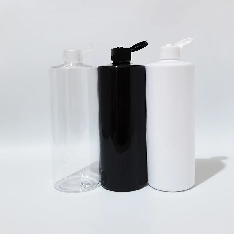 Clear, black and white cylindrical PET bottles with hinged flip-top caps
