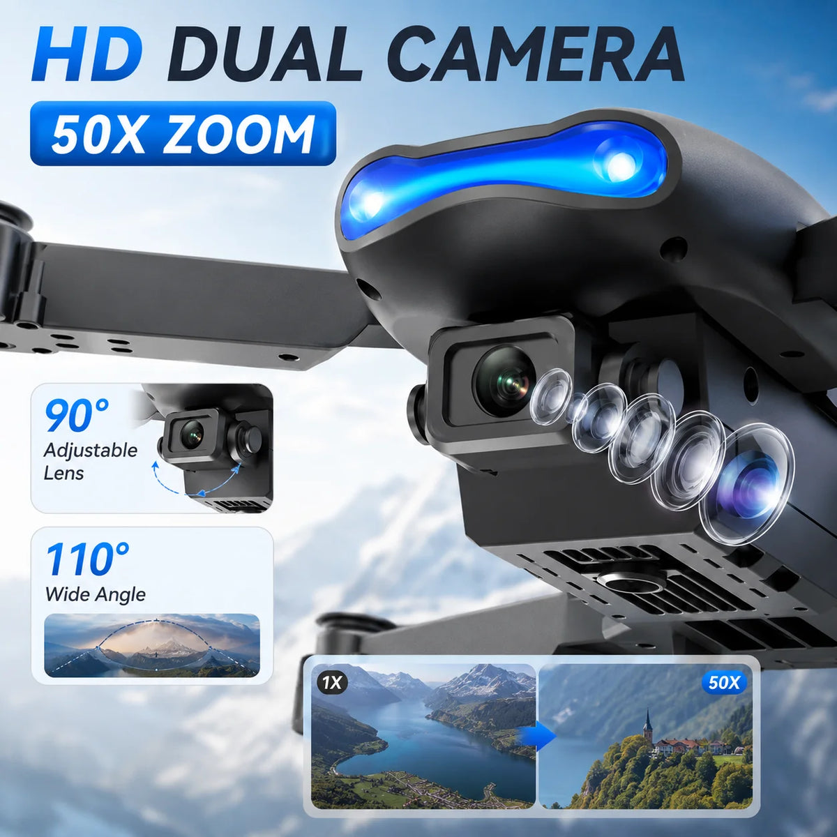Black quadcopter drone with blue LED lights and multiple camera lenses, shown with marketing text reading 'HD DUAL CAMERA' and '50X ZOOM,' plus inset images demonstrating adjustable 90-degree and 110-degree wide-angle views.